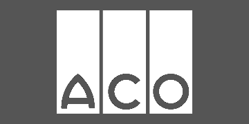 weisses "ACO"-Logo auf grauem Hintergrund