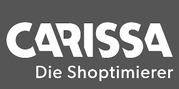 weisses "Carissa - Die Shoptimierer"-Logo auf grauem Hintergrund