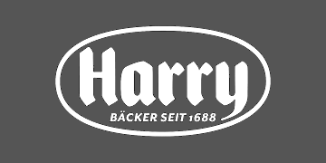 weisses "Harry - Baeckerei seit 1688"-Logo auf grauem Hintergrund