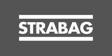 weisses "STRABAG"-Logo auf grauem Hintergrund